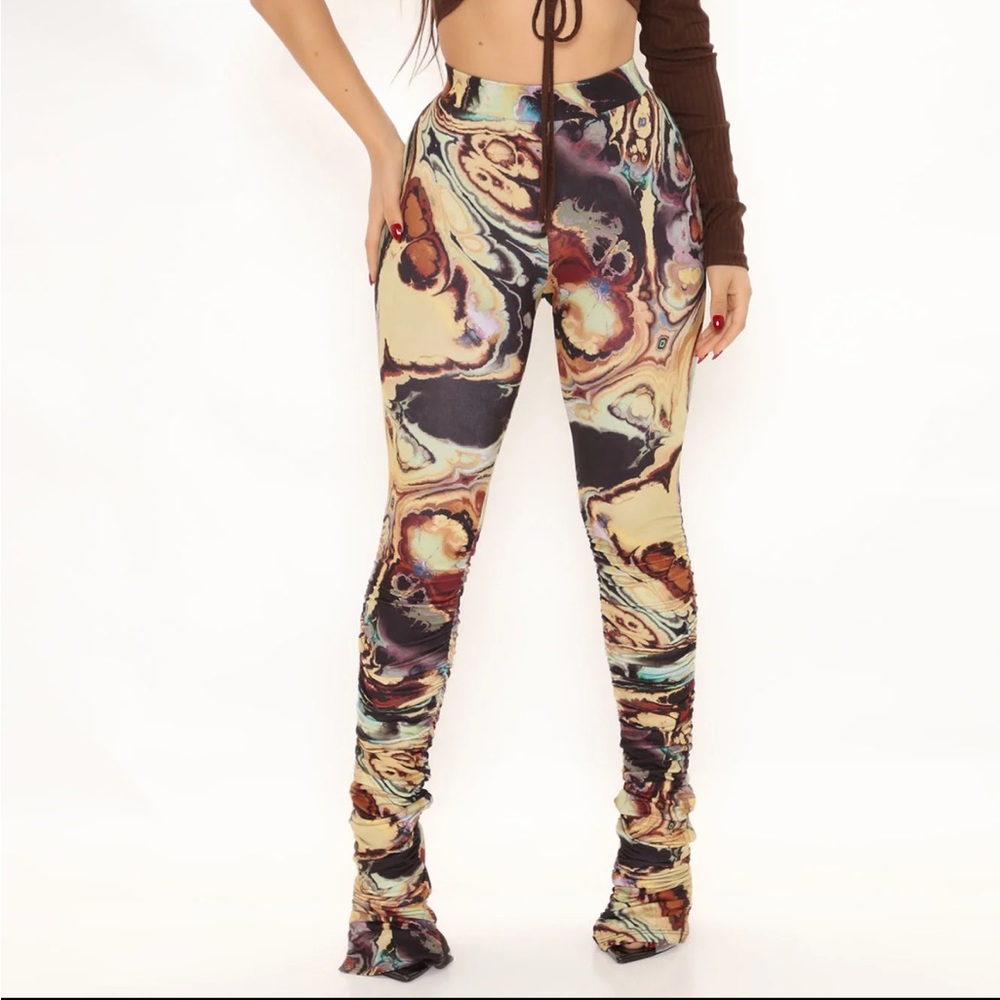 Fashion Nova Marble Print High-Waist Leggings - Cream, Black, Brown, Teal